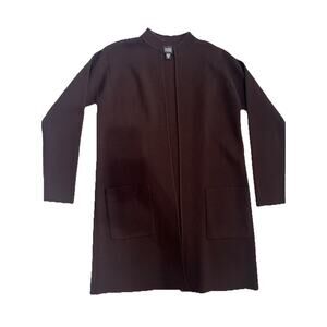 Eileen Fisher 100% Wool Dark Chocolate Brown Open Front Cardigan W Pockets Sz S